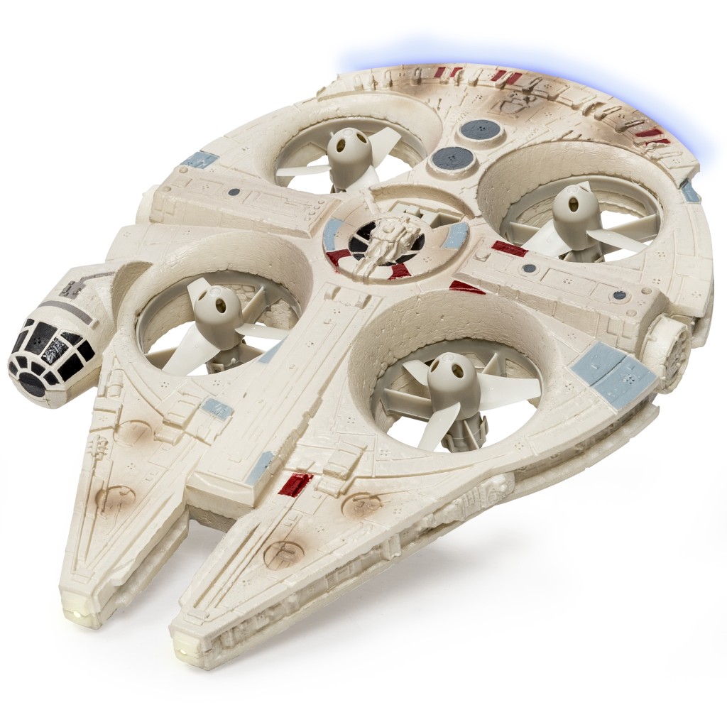 Star Wars Remote Controlled Millennium Falcon Quad..Licensee: Spinmaster.MSRP: $109.99.Available: September 4. .Fly the most iconic ship in the Star Wars universe! The Ultimate Millennium Falcon takes flight with the power of quad rotors concealed in the body of the ship. Its authentic lights and sounds bring the Millennium Falcon to life as you fly. Activate Hyperspace mode on the remote control and hold on for a fully loaded hyperspace journey. With 2.4GHz communication, you can control the Millennium Falcon up to 200 feet away! Join the rebellion and bring Star Wars home with the Millennium Falcon Quad from Air Hogs!.