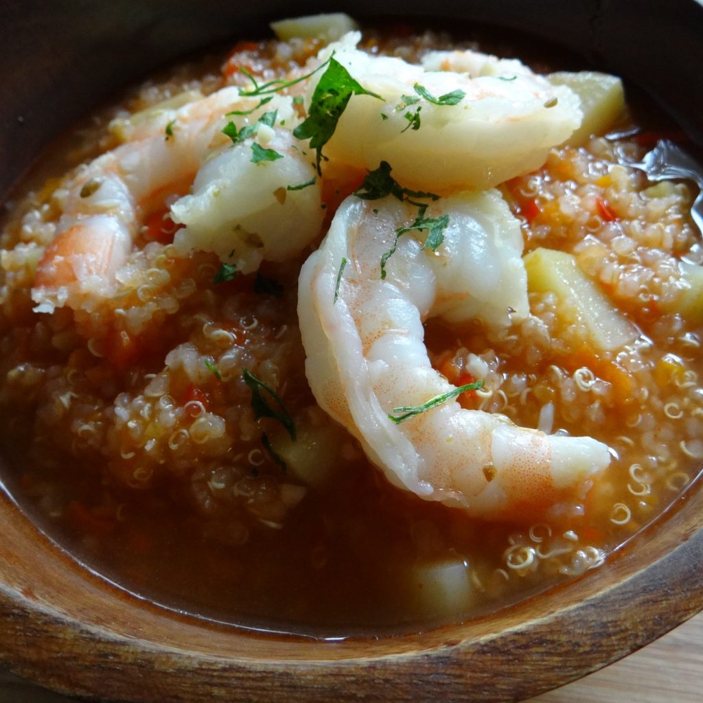 Peruvian Quinoa Soup with Coriander Shrimp