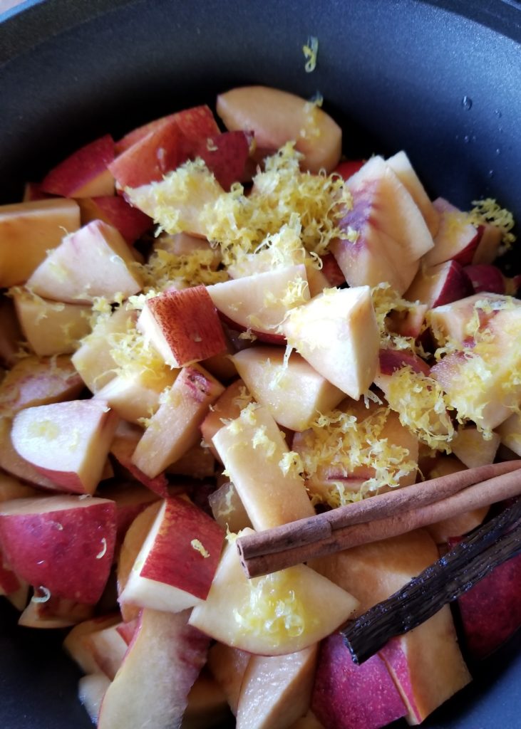 Cinnamon Vanilla Peach Compote with Four Potato Hashbrowns