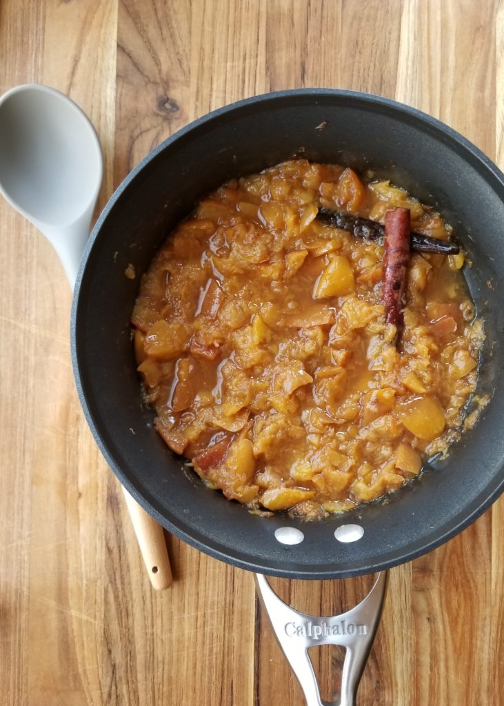 Cinnamon Vanilla Peach Compote with Four Potato Hashbrowns